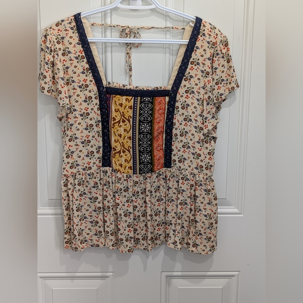 Maurices Boho Cream Peplum Tie Back Top
